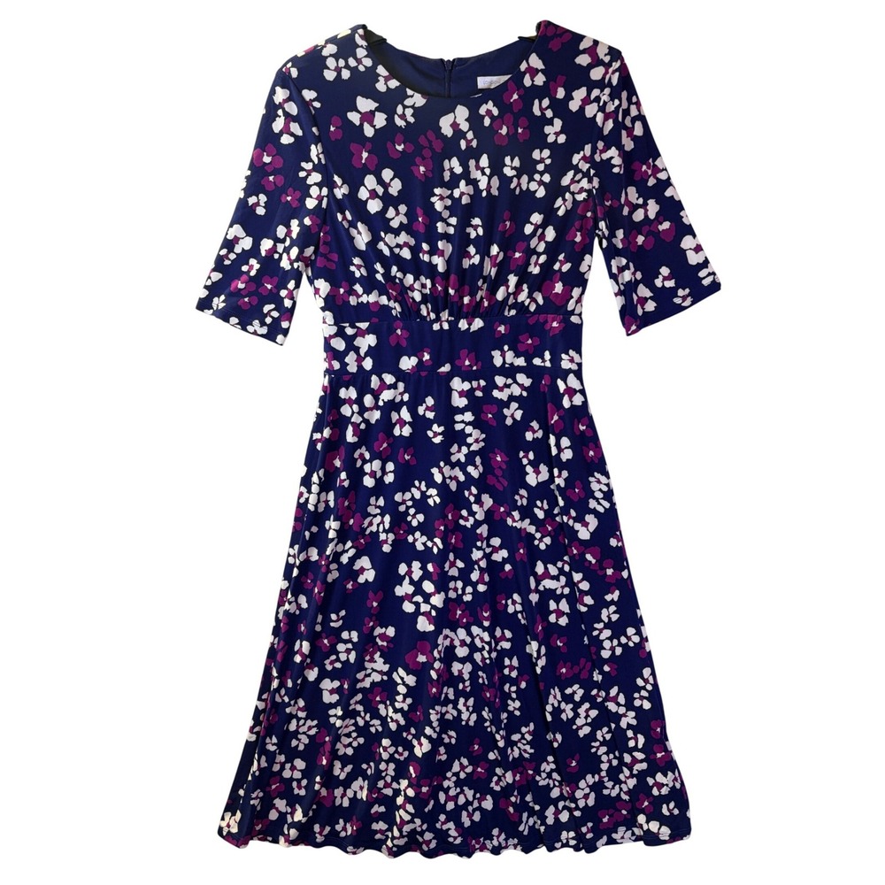 London Times Dress Womens 6 Blue Purple Floral Print Short Sleeve Fit and Flare